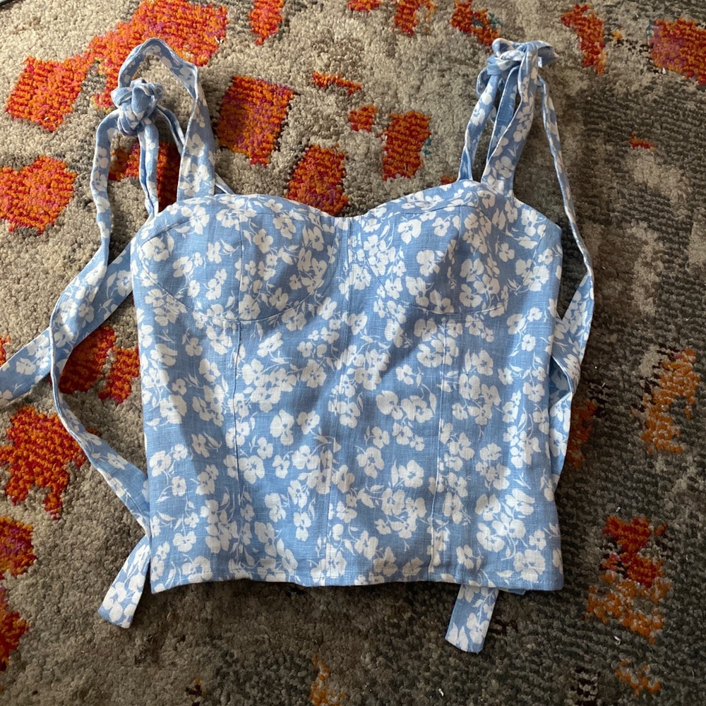 Revolve blue and white top ties above the shoulders or as halter